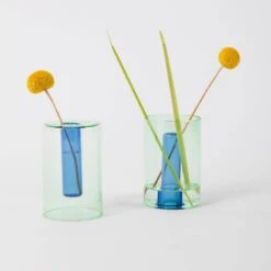 Block Design - Reversible Glass Vase - Small -Green And Blue